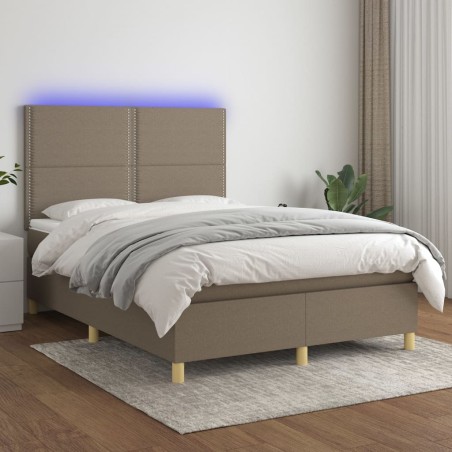 vidaXL Cama box spring colchón y luces LED tela gris taupe 140x190 cm