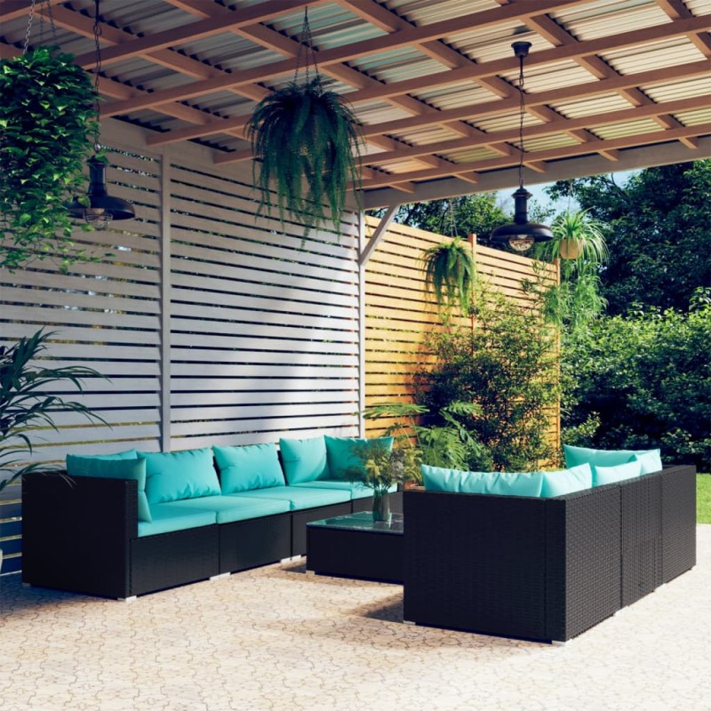 vidaXL Set de sofás de jardín 8 piezas y cojines ratán sintético negro vidaXL Set de sofás de jardín 8 piezas y cojines ratán sintético negro