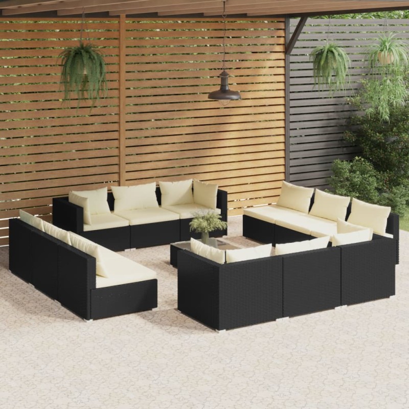vidaXL Set muebles de jardín 13 pzas y cojines ratán sintético negro vidaXL Set muebles de jardín 13 pzas y cojines ratán sintético negro