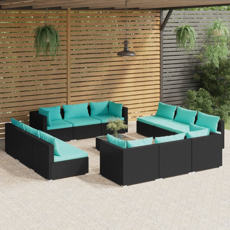vidaXL Set muebles de jardín 13 pzas y cojines ratán sintético negro vidaXL Set muebles de jardín 13 pzas y cojines ratán sintético negro