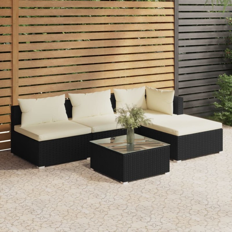 vidaXL Set de muebles de jardín 5 pzas y cojines ratán sintético negro vidaXL Set de muebles de jardín 5 pzas y cojines ratán sintético negro