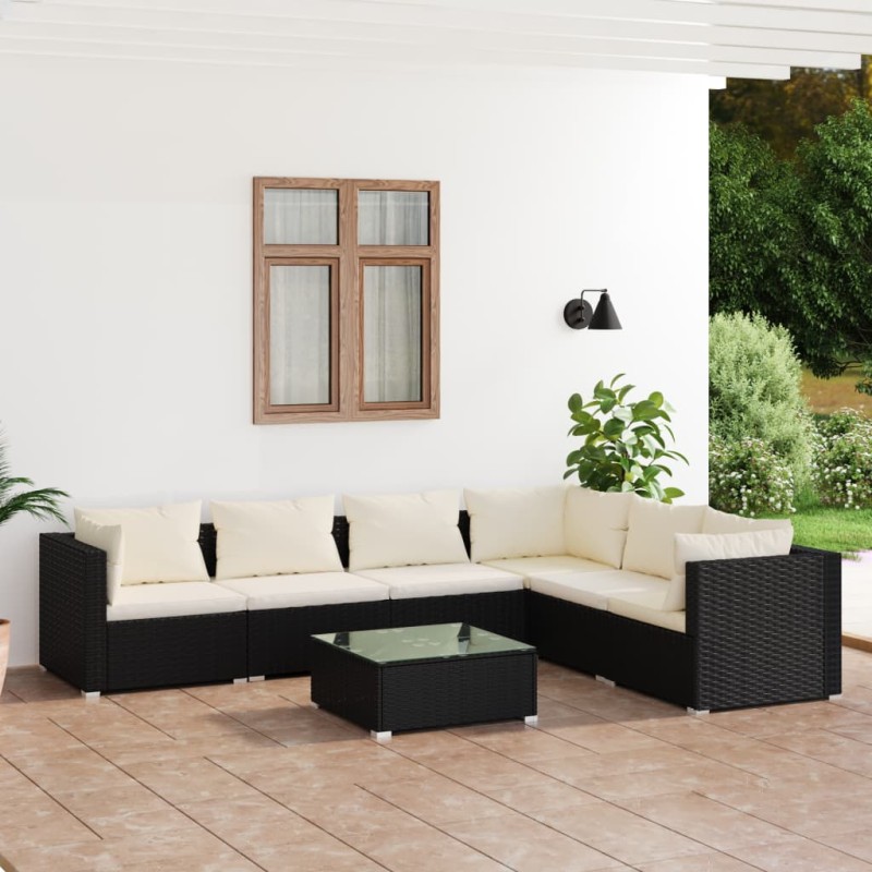 vidaXL Set de muebles de jardín 7 pzas y cojines ratán sintético negro vidaXL Set de muebles de jardín 7 pzas y cojines ratán sintético negro