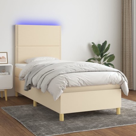 vidaXL Cama box spring colchón y luces LED tela crema 90x200 cm