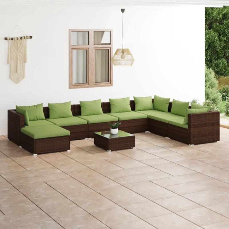 vidaXL Set muebles de jardín 9 piezas y cojines ratán sintético marrón vidaXL Set muebles de jardín 9 piezas y cojines ratán sintético marrón