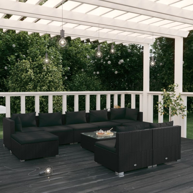 vidaXL Set de muebles de jardín 10 pzas cojines ratán sintético negro vidaXL Set de muebles de jardín 10 pzas cojines ratán sintético negro