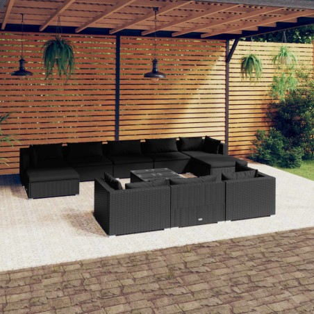 vidaXL Set de muebles de jardín 11 pzas cojines ratán sintético negro