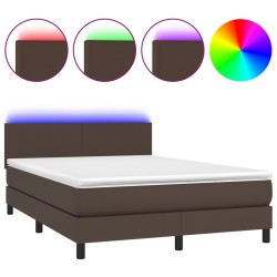 vidaXL Cama box spring colchón y LED cuero sintético marrón 140x190 cm