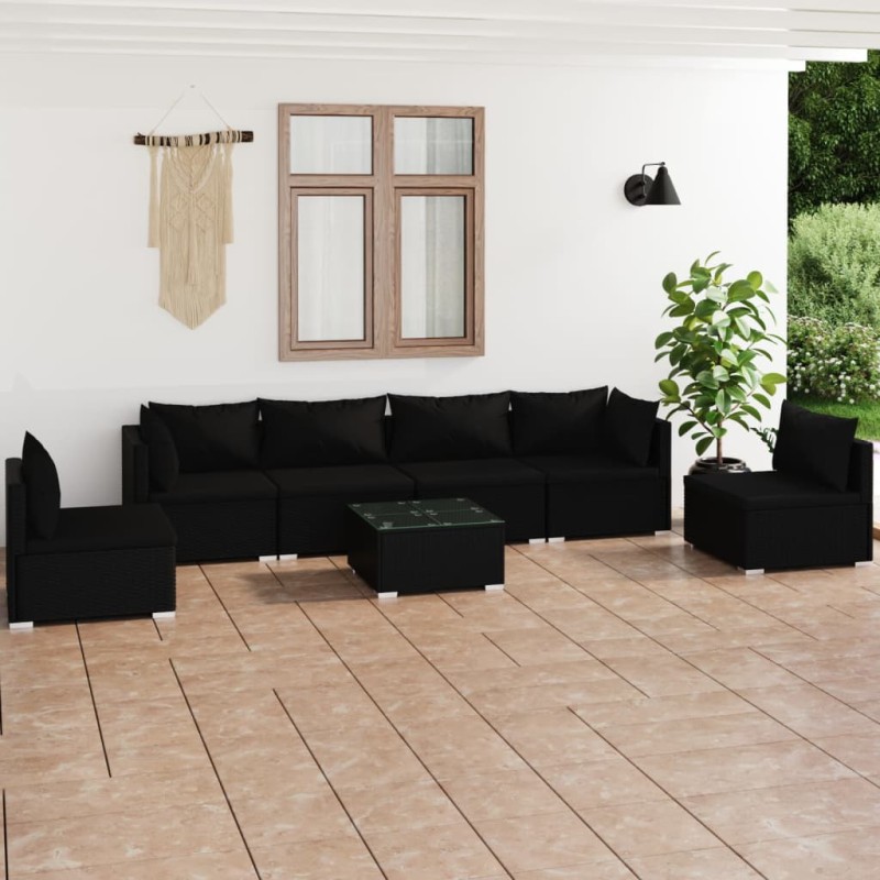 vidaXL Set de muebles de jardín 7 pzas y cojines ratán sintético negro vidaXL Set de muebles de jardín 7 pzas y cojines ratán sintético negro
