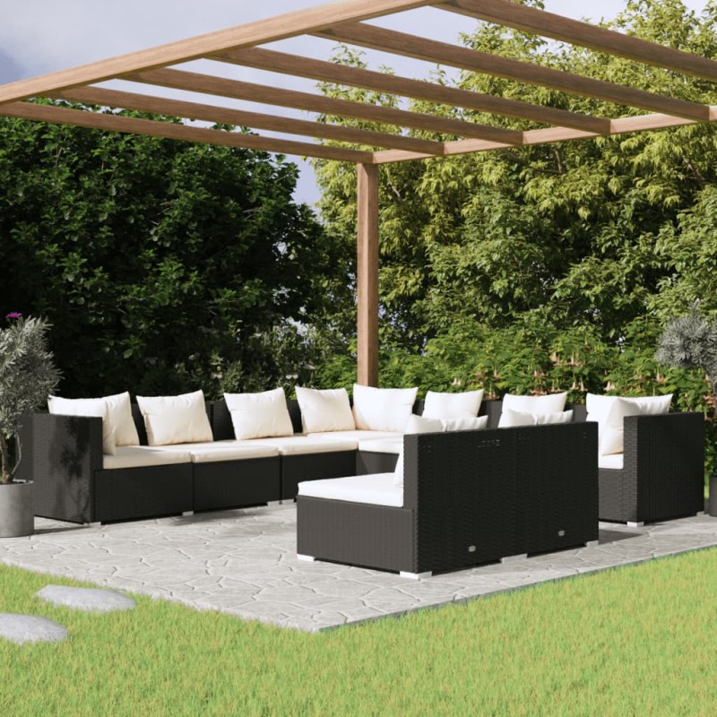 vidaXL Set de muebles de jardín 9 pzas y cojines ratán sintético negro vidaXL Set de muebles de jardín 9 pzas y cojines ratán sintético negro