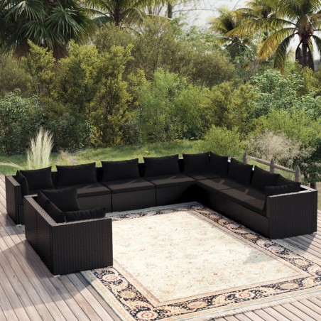 vidaXL Set de muebles de jardín 10 pzas cojines ratán sintético negro