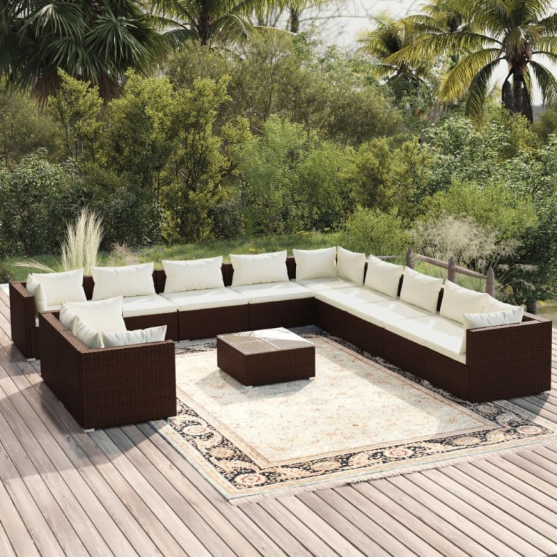vidaXL Set muebles de jardín y cojines 12 pzas ratán sintético marrón vidaXL Set muebles de jardín y cojines 12 pzas ratán sintético marrón