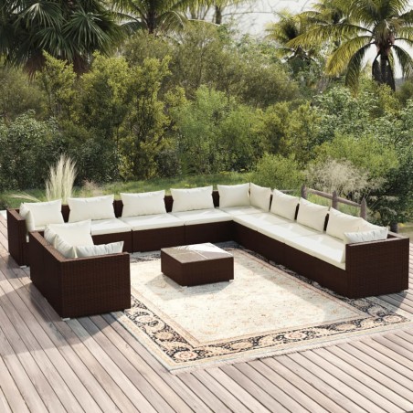 vidaXL Set muebles de jardín y cojines 12 pzas ratán sintético marrón