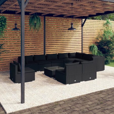 vidaXL Set de muebles de jardín 11 pzs y cojines ratán sintético negro