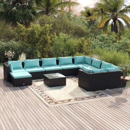 vidaXL Set de muebles de jardín 11 pzas cojines ratán sintético negro