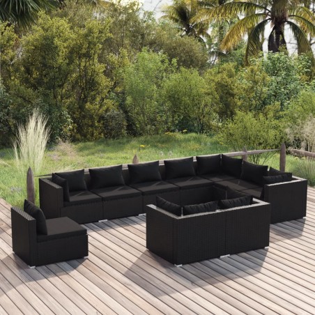 vidaXL Set de muebles de jardín 10 pzs y cojines ratán sintético negro