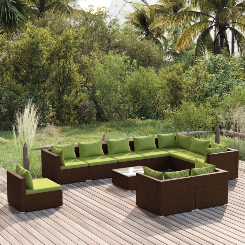 vidaXL Set muebles de jardín 11 pzas y cojines ratán sintético marrón vidaXL Set muebles de jardín 11 pzas y cojines ratán sintético marrón