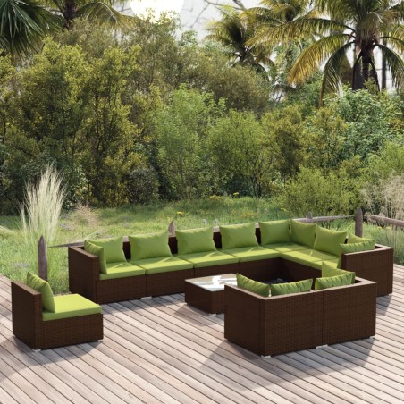 vidaXL Set muebles de jardín 11 pzas y cojines ratán sintético marrón