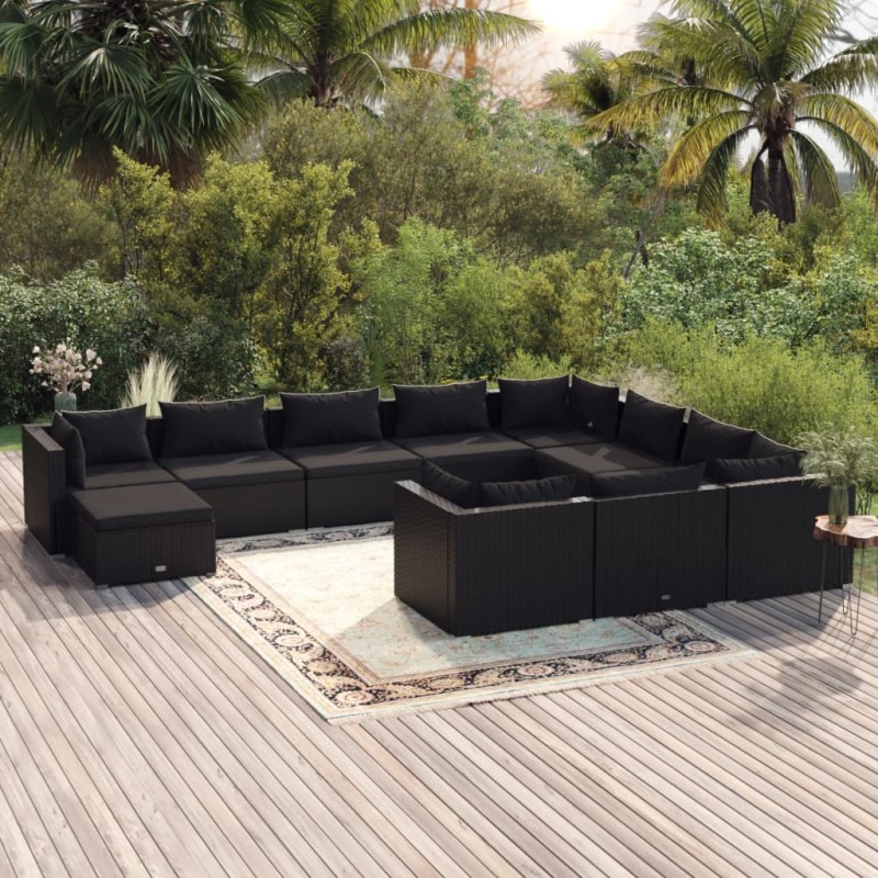 vidaXL Set de muebles de jardín 11 pzas cojines ratán sintético negro