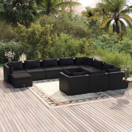 vidaXL Set de muebles de jardín 11 pzas cojines ratán sintético negro
