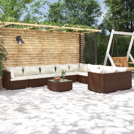 vidaXL Set muebles de jardín 10 pzas y cojines ratán sintético marrón