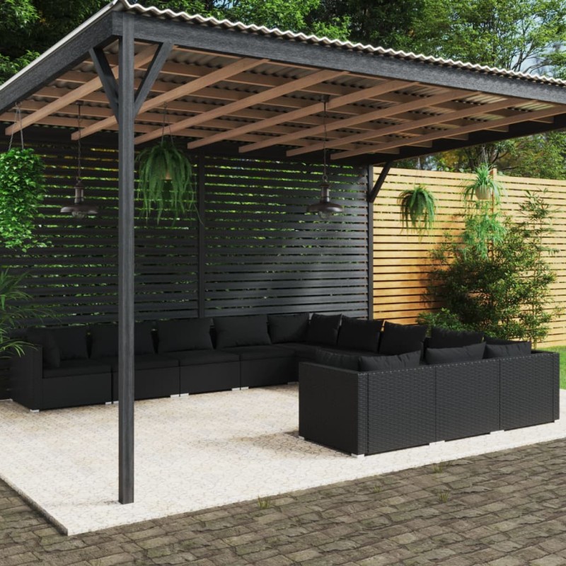 vidaXL Set de muebles de jardín 11 pzas cojines ratán sintético negro vidaXL Set de muebles de jardín 11 pzas cojines ratán sintético negro