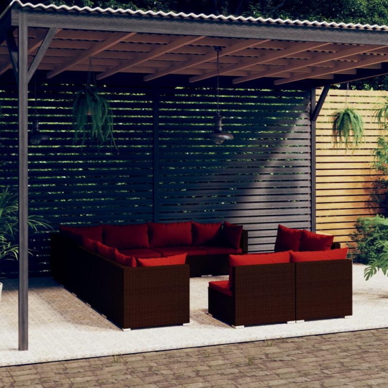 vidaXL Set de muebles de jardín 12 pzas cojines ratán sintético marrón vidaXL Set de muebles de jardín 12 pzas cojines ratán sintético marrón