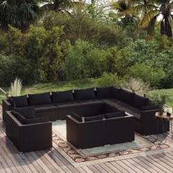 vidaXL Set de muebles de jardín 12 pzas cojines ratán sintético negro