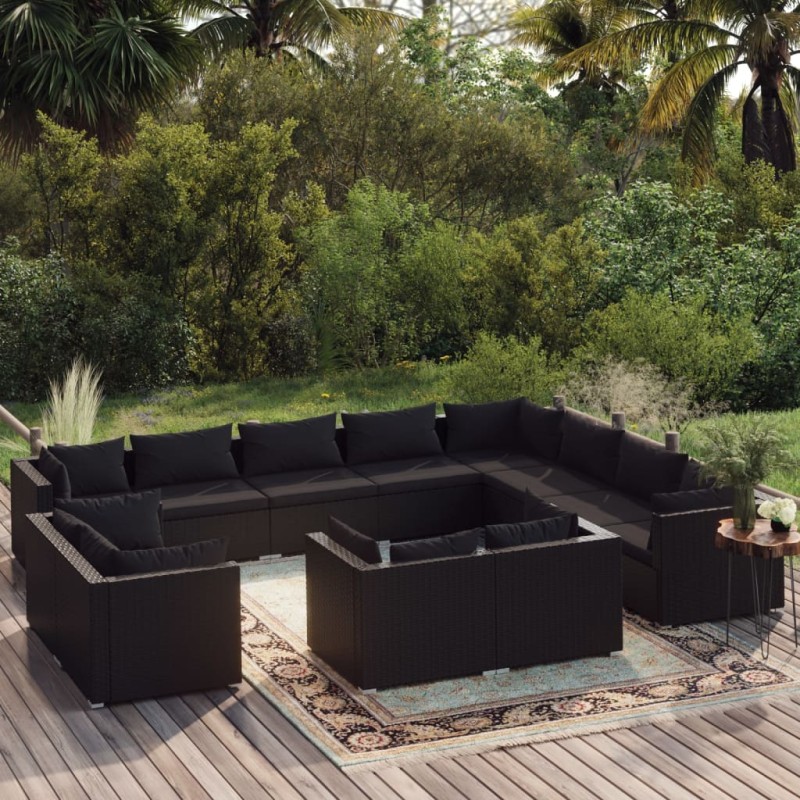 vidaXL Set de muebles de jardín 12 pzas cojines ratán sintético negro vidaXL Set de muebles de jardín 12 pzas cojines ratán sintético negro