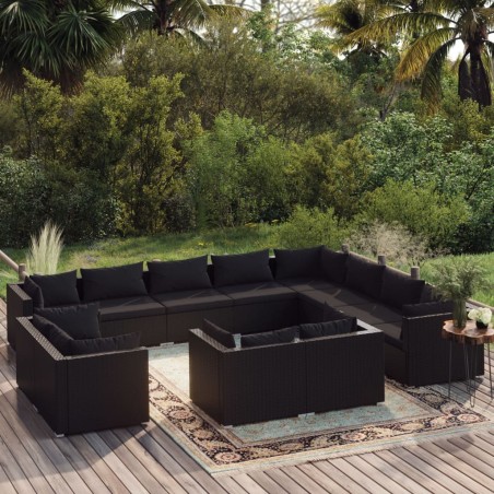 vidaXL Set de muebles de jardín 12 pzas cojines ratán sintético negro