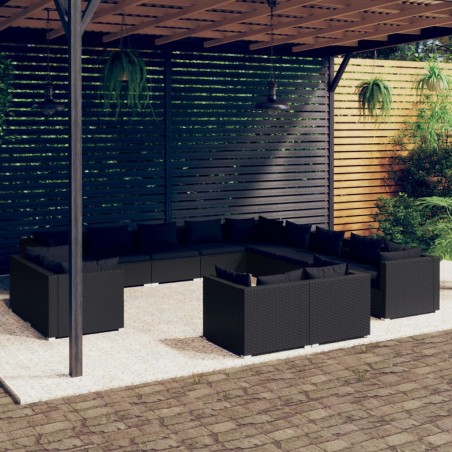 vidaXL Set de muebles de jardín 13 pzas cojines ratán sintético negro