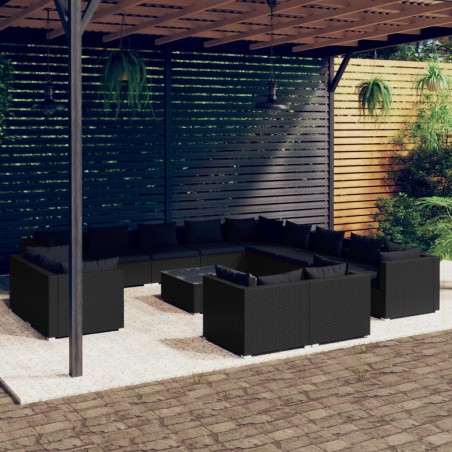 vidaXL Set de muebles de jardín 14 pzas cojines ratán sintético negro