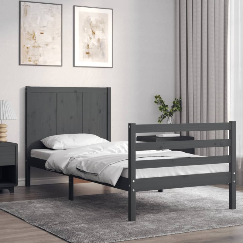 vidaXL Estructura de cama con cabecero madera maciza gris 90x200 cm vidaXL Estructura de cama con cabecero madera maciza gris 90x200 cm