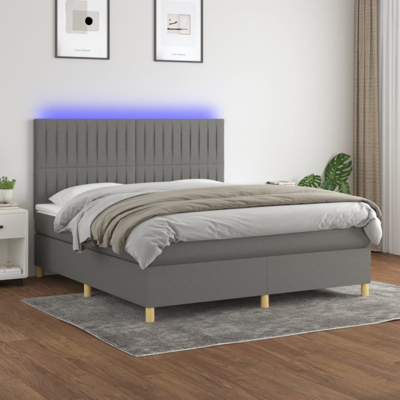 vidaXL Cama box spring colchón y luces LED tela gris oscuro 180x200 cm vidaXL Cama box spring colchón y luces LED tela gris oscuro 180x200 cm