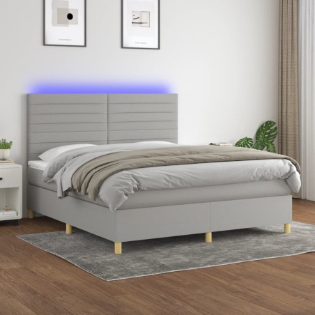 vidaXL Cama box spring colchón y luces LED tela gris claro 180x200 cm