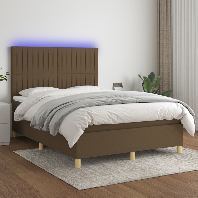 vidaXL Cama box spring colchón luces LED tela marrón oscuro 140x200cm vidaXL Cama box spring colchón luces LED tela marrón oscuro 140x200cm