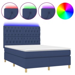 vidaXL Cama box spring colchón y luces LED tela azul 140x190 cm