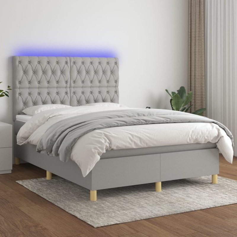 vidaXL Cama box spring colchón y luces LED tela gris claro 140x200 cm vidaXL Cama box spring colchón y luces LED tela gris claro 140x200 cm