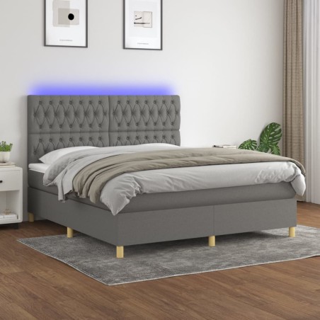 vidaXL Cama box spring colchón y luces LED tela gris oscuro 180x200 cm