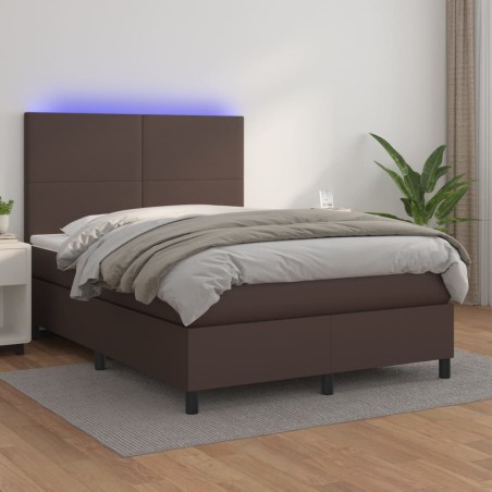 vidaXL Cama box spring colchón y LED cuero sintético marrón 140x190 cm