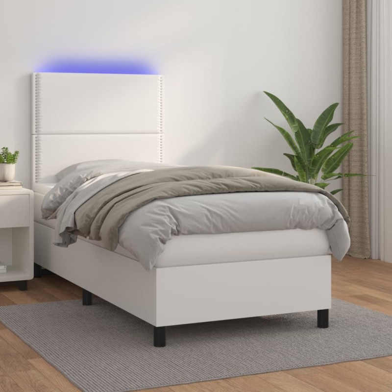 vidaXL Cama box spring y colchón LED cuero sintético blanco 90x200 cm vidaXL Cama box spring y colchón LED cuero sintético blanco 90x200 cm