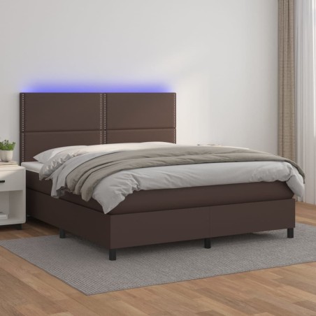 vidaXL Cama box spring colchón y LED cuero sintético marrón 140x200 cm