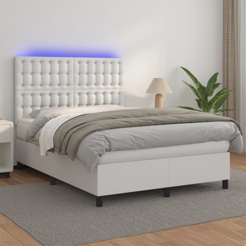 vidaXL Cama box spring colchón y LED cuero sintético blanco 140x200 cm vidaXL Cama box spring colchón y LED cuero sintético blanco 140x200 cm