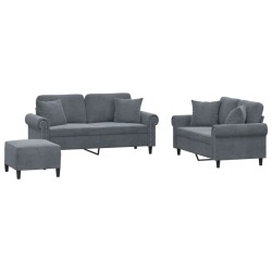 vidaXL Juego de sofás con cojines 3 piezas terciopelo gris oscuro