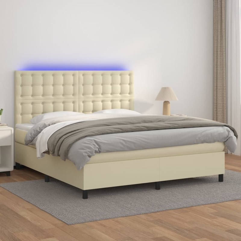 vidaXL Cama box spring colchón y LED cuero sintético crema 180x200 cm vidaXL Cama box spring colchón y LED cuero sintético crema 180x200 cm