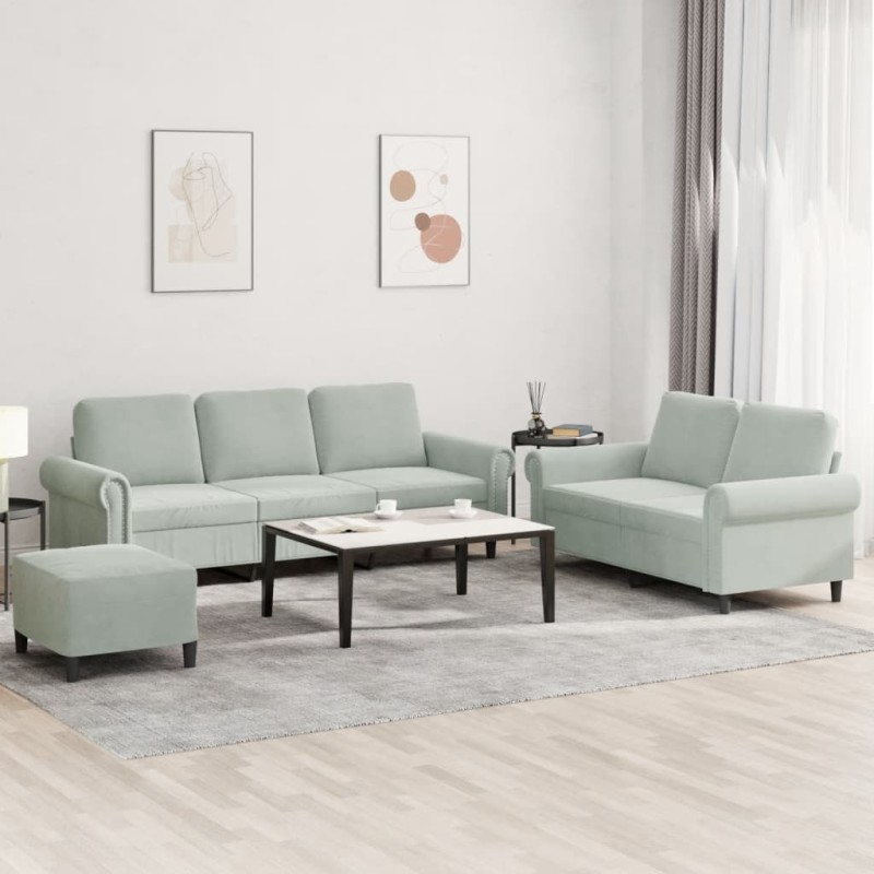 vidaXL Juego de sofás con cojines 3 piezas terciopelo gris claro vidaXL Juego de sofás con cojines 3 piezas terciopelo gris claro