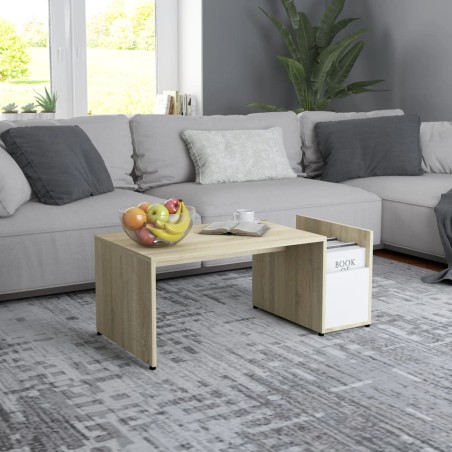 vidaXL Mesa de centro madera contrachapada blanco y roble 90x45x35 cm