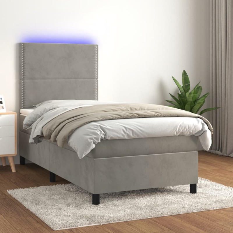 vidaXL Cama box spring colchón y LED terciopelo gris claro 90x190 cm vidaXL Cama box spring colchón y LED terciopelo gris claro 90x190 cm