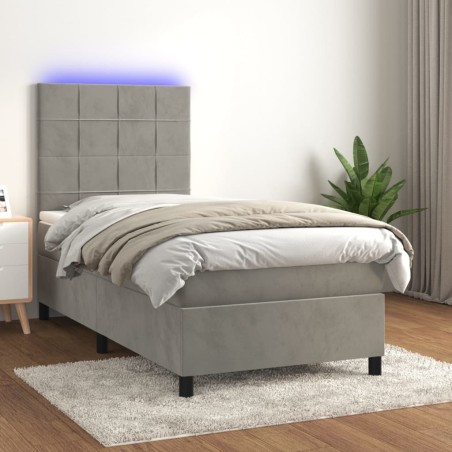 vidaXL Cama box spring colchón y LED terciopelo gris claro 100x200 cm