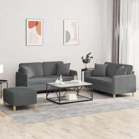 vidaXL Juego de sofás con cojines 3 piezas tela gris oscuro