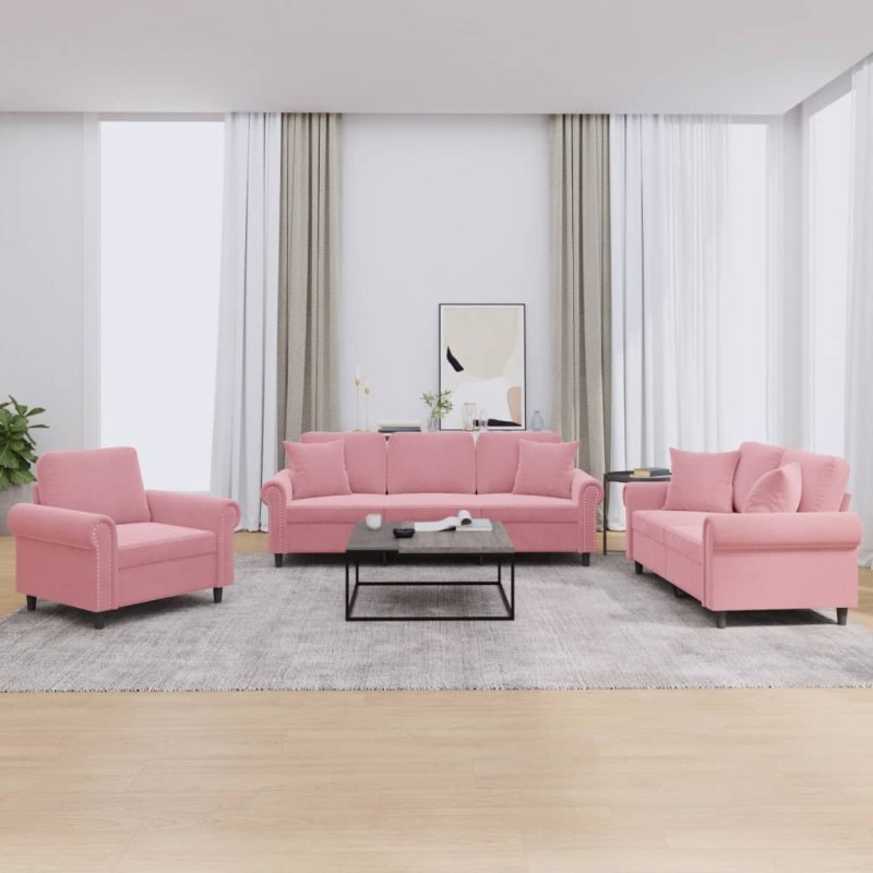vidaXL Juego de sofás con cojines 3 piezas terciopelo rosa vidaXL Juego de sofás con cojines 3 piezas terciopelo rosa